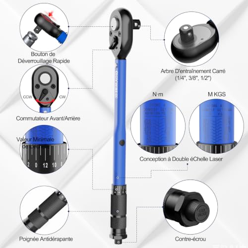GoYwato 35-pièces Clés Dynamométriques, 1/2" 3/8" 1/4" Jeu de Clé Dynamométrique avec 3-230 N·m et Précision ±3%, Double éChelle, 45 Dents, 32 Accessoires CR-V, pour Voitures Vélo Moto Camion