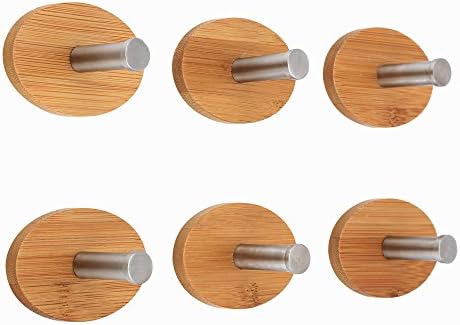 Heavy Duty Hooks 3m Wall Hooks, 304 Stainless Steel with Bamboo Finish, for Keys and Towel in Kitchen Bathroom (6 Pack),by Naturous