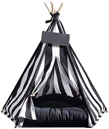 WrqqTzdd Pentagonal Spire Black and White Striped Tent Pet Teepee Cat Bed Portable Tents Houses for Dog House Toy,Stripes(withoutpad),L