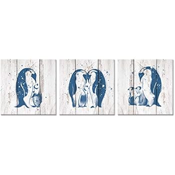 ZingArts 3 Pieces Animals Painting Canvas Wall Art Teal Blue Penguin Family Love On Vintage Wood Background for Living Room Bedroom Bathroom Stretched and Framed Ready to Hang 12x12inchx3pcs