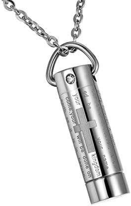 HooAMI Cremation Jewelry Silver Bible Lords Prayer Cross Pendant Memorial Urn Necklace Ash Holder Stainless Steel