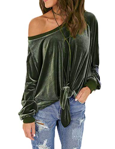 ABD Women's Velvet Off Shoulder Front Tie Long Sleeve Loose Pullover Blouse Top,Large,Green
