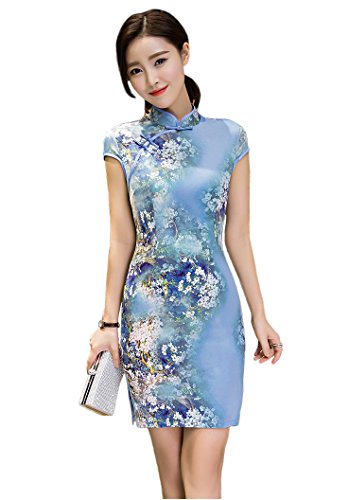 Women's Short Sleeve Floral Chinese Traditional Cheongsam Qipao Dresses