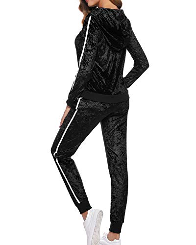 Hawiton Women's Velvet 2 Piece Tracksuit Long Sleeve Hoodie Sweatshirt and Pants Set Sweatsuit Sportswear Black