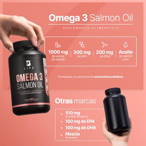 Omega 3 Aceite Puro de Salmón de 200 Cápsulas con 1000 mg por porción. Ingredientes Naturales. Omega 3 Salmon Oil B Life.