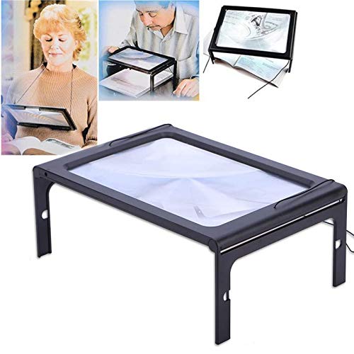 Reading Magnifier with LED Lights 3X Portable Foldable A4 Full Page Desktop Stand Type Magnifying Glass Hands-Free Rectangular Reading Loupe for Small Prints Books Newspapers Magazine