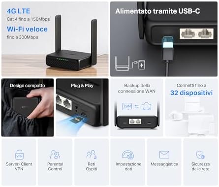 MB113-4G Router WiFi con Sim, Wifi Portatile, 2 Antenne Pieghevoli, 4G LTE Wireless N300Mbps,Porta LAN+ Porta LAN/WAN, USB-C, Ricarica da Power Bank, VPN（Client/Server）, SMS, APP, Plug&Play