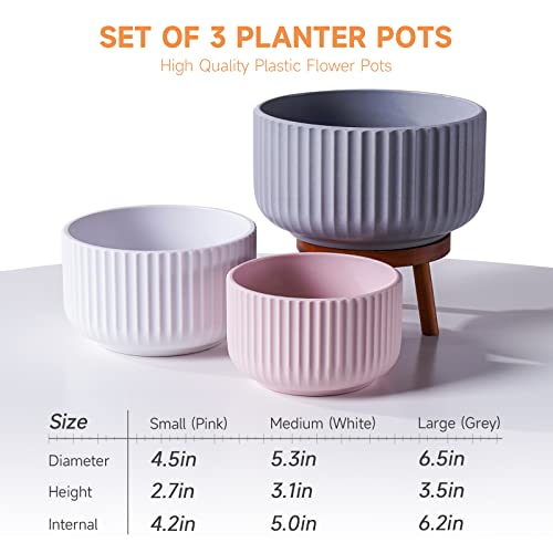 JOFAMY Plastic Plant Pots Scandinavian, 3 Pack Flower Pots with Drainage Holes and Rubber Stopper, Modern Simple Design Indoor Planter for Most Houseplants, Succulents, Aloe, Pothos, Snake Plants