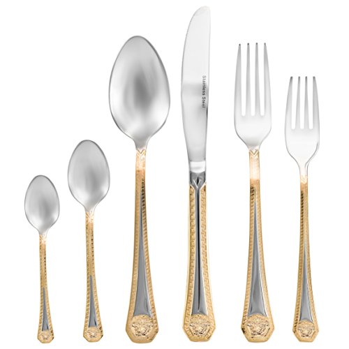 Italian Collection 'Greek Key' 75-Pc Premium Silverware Flatware Serving Set, Dining Cutlery Service for 12, 24K Gold Plated 18/10 Stainless Steel Hostess Serving Set in a Chest
