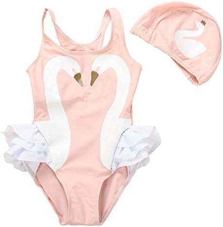 Quavey Baby Girl Swimsuit Cute Flamingos Swan One Piece Swimwear With Hat(Swan,XL)