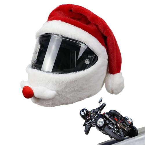 Motorcycle Helmet Christmas Hat Hood - Cool Santa Claus Decoration with Red Hat and Realistic White Beard - Motorcycle Rider Helmet Cover (Helmet Not Included) for Riding