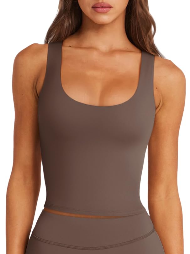 Photo 1 of LASLULU Womens Sport Bras Long Line Backless Workout Yoga Gym Athletic Tops Clothes Camisole Padded Crop Tank Tops with Built in Bra (Coffee, Medium)