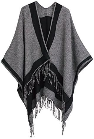 Timemory Womens Winter Knitted Contrast Color Poncho Capes Shawl Sweater Gray
