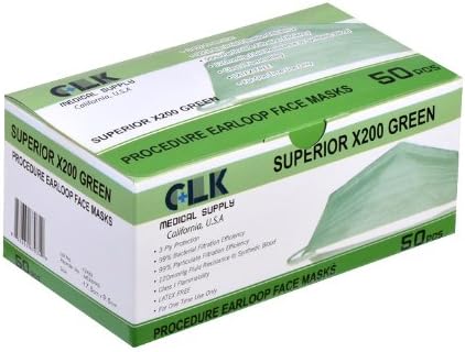 Earloop Procedure Face Masks, Green, 500/case, 10 Boxes per Case, Box of 50, 3 ply, (Light and Soft) (FDA, CE, ASTM Level I, EN14683 Type I) (99% BFE, 99% PFE)(Superior-X200 Green) by CLK