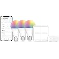 Broadlink Smart Bulbs Starter Kit - 3 A19 FastCon Color Changing Light Bulbs with Music Sync, 1 Wireless Scene Switch and Hub Included, 16 Million Colors, Works with Alexa, Google Home, 5 Piece Set
