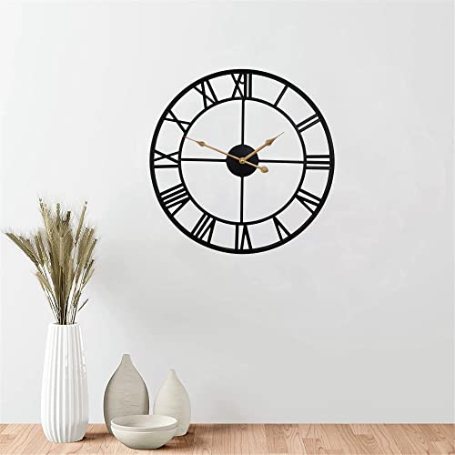 Qukueoy 16 Inch Large Metal Wall Clock Home Decorative Industrial Clocks with Big Roman Numerals,Retro Oversized Clock for Living Room Decor,Battery Operated(Black-Roman)
