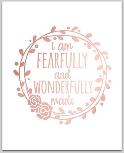 Rose Gold Foil Print | I Am Fearfully and Wonderfully Made Psalm 139:14 | Inspirational Wall Desk Art | 8x10 inches