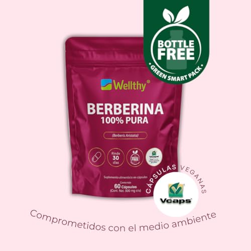 Wellthy Berberina Pura 60 Cápsulas. 100% Berberis Aristata, 500mg c/u, 30 dias de consumo, VCaps Cápsulas Veganas, Bottle Free.