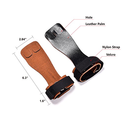 DⅡZONE FITNESS 2 holes Genuine Leather Anti-slip Strong Grip Gymnastics Hand Grips Fingers Palm Strap Sports Gloves with Wrist Support for Kettlebells,Crossfit,Weight lifting,Barbells,Chin Ups,Bar Mus - Thumbnail 3