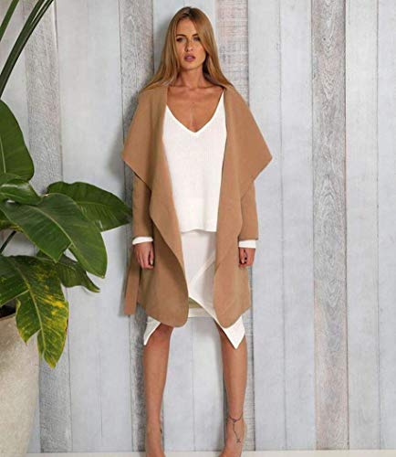 Elogoog Women's Casual Open Front Cardigan Wide Lapel Woolen Trench Coats with Belt (XXL, Khaki) - Thumbnail 2