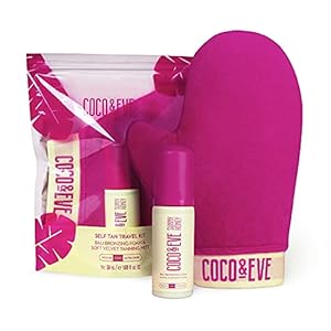 Coco & Eve Sunny Honey Deluxe Travel Tan Kit. Bali Bronzing Foam (Dark), Velvet Self Tanning Mitt and Travel Pouch…