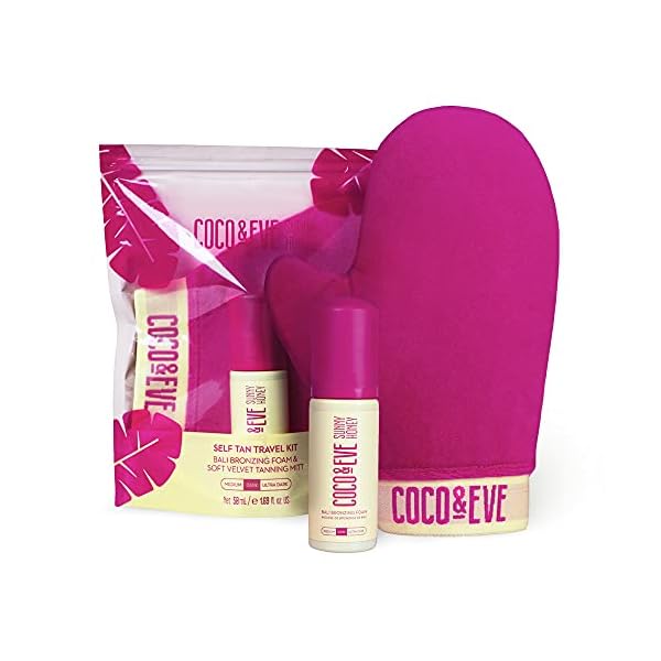 Coco & Eve Sunny Honey Deluxe Travel Tan Kit. Bali Bronzing Foam (Dark), Velvet Self Tanning Mitt and Travel Pouch…