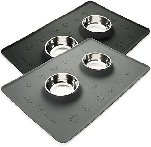 SmithBuilt 24" x 16" Dog Food Mat with Removable 16-Ounce Stainless Steel Bowls - Waterproof Silicone Cat Pet Feeding Placemat - Gray