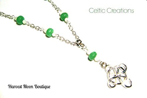 Viking Norse Nordic Necklace Green Aventurine Hand Beaded Silver Chain Celtic Cross Necklace Celtic Creations Collection