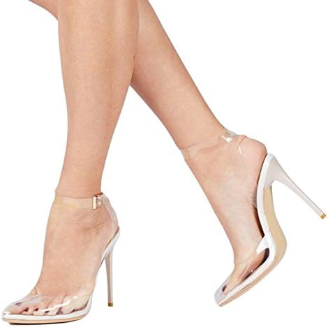 Cdvintu Women Pointed Toe Transparent High Heels Lucite Clear Dress Sandals Ankle Strappy Bukle Stilettos