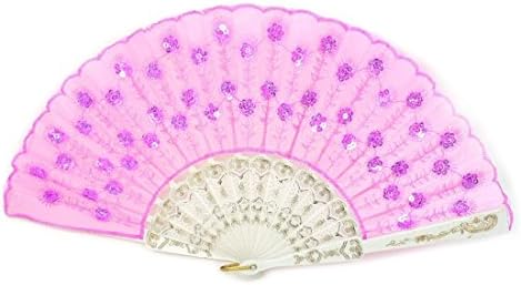 for sale small vintage paddle ladies fan japanese folding custom program kits Purple Floral Sequins Cloth Pink Paillette Embroidered Hand Fan