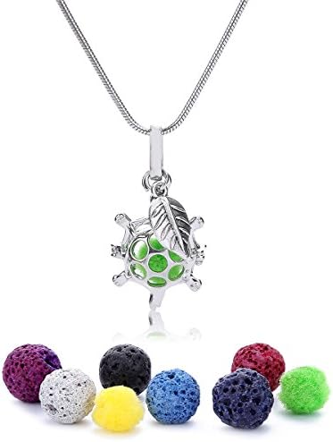 Three Fish Aromatherapy Essential Oil Diffuser Necklace Locket Pendant , 7pcs True Lava Stone with 20" Adjustable Chain Perfect Gift Set-Bright Silver (Turtle)