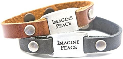 Dillon Rogers " Imagine Peace " - Men's Leather bracelet with metal I.D. style charm - Brown