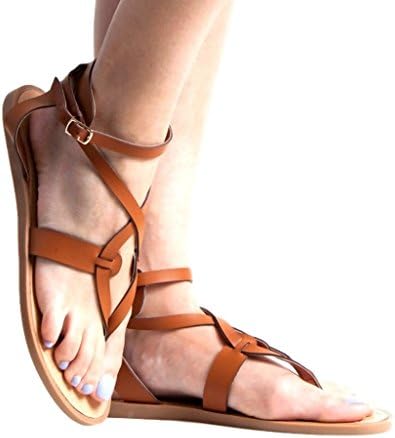 Shu Shop Women's Gianna-5 Vegan Leather Strappy Adjustable Flats Sandals, Tan, 9 B(M) US