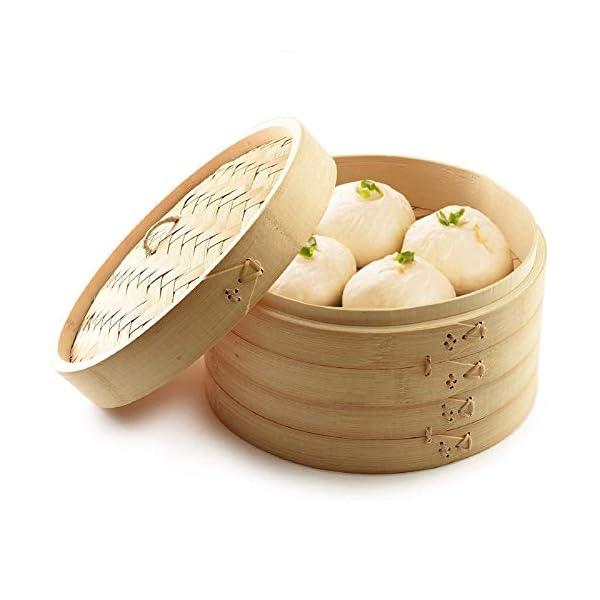 Handmade-Bamboo-Steamer-10-Inch-Bamboo-Steam-Basket-Round-Bao-Bun-Steamer-Double-Layer-Dumpling-Steamer-2-Tier-with-Lid-Chinese-Style-Steamer-Healthy-Cooking-for-VegetablesDim-SumMeat-Fish Handmade Bamboo Steamer, 10 Inch Bamboo Steam Basket, Round Bao Bun Steamer, Double-Layer Dumpling Steamer, 2 Tier with…