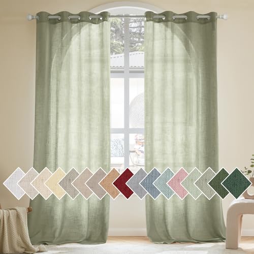 Woaboy Linen Curtains Translucent Net Curtains with Eyelets Modern Decorative for Living Room Window Bedroom 2 Pieces 140 x 245 cm Green Grey