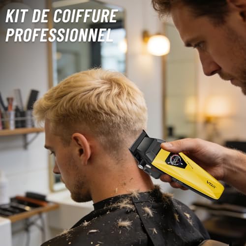 VGR 877S3 Professional Men's Hair Clipper Set, Titanium Coated Cordless Shaver, Trimmer Finish Set with 8000/9000 RPM Motor, Men's Hair Styling Kit with Charging Station, LED Display, Gold