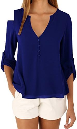 5XL Women Tops and Blouse Long Sleeve Solid V-Neck Loose Chiffon Blouses 2018 Summer Top Royal Blue XXXL