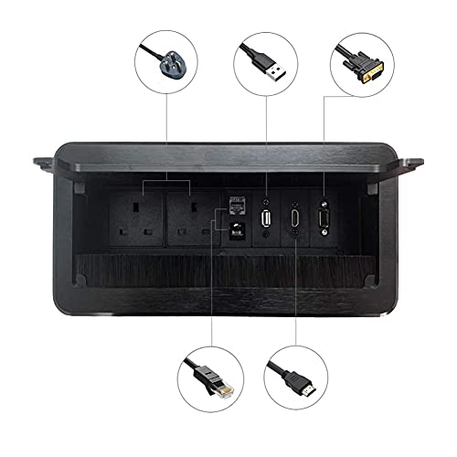 ZESHAN conference Table Power Socket Connectivity Box power extension with UK Plug, USB Data, HDMI, VGA, Telephone and Internet Black for home office desk