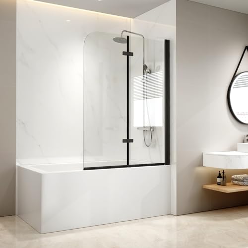 EMKE Duschwand für Badewanne 120x140 cm Schwarz, Duschtrennwand für Badewannen Duschwand 2-teilig Faltbar, 6mm Sicherheitsglas Duschabtrennung Badewan