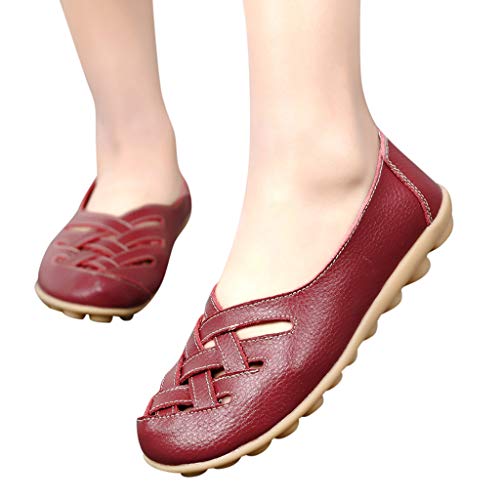 Aunimeifly Mom Casual Shoes Female Soft Leather Criss-Cross Hollow Out Peas Flat Shoe Women Summer Sandals Red