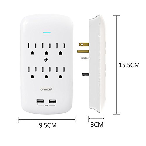 Multi Outlets,6 Wall Mount Surge Protector Adapter with Dual 3.1A USB Charging Ports,Oviitech Multi Plug Outlets,6 AC Socket Outlet Plugs,900 Joules Surge