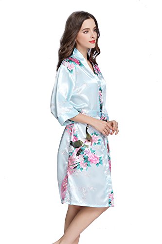 Amzchoice Women's Short Sleeve Kimono Robe Peacock & Blossoms For Spa, Wedding Bridal and Bridesmaid (S, SkyBlue) - Thumbnail 2