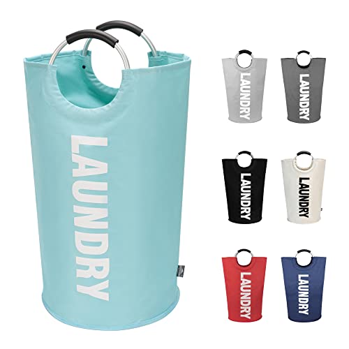 DOKEHOM 90L Large Laundry Basket, Collapsible Laundry Bag, Freestanding Tall Clothes Hamper, Foldable Washing Bin (Light Blue)