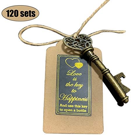 NUIBY 120 PCS Skeleton Vintage Key Bottle Openers Wedding Favors for Guests Rustic Party Favors, with Escort Card Tag and Twine (120 PCS Bronze Vintage Style)