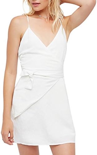 hodoyi Women's Sexy Spaghetti Strap Wrap Criss Cross Backless Mini Party Cami Dress (L,White)