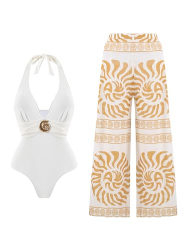 SherryDC Women's Halter Deep V Neck One Piece Swimsuit with Pants Cover Up Bathing Suit Beachwear at Amazon