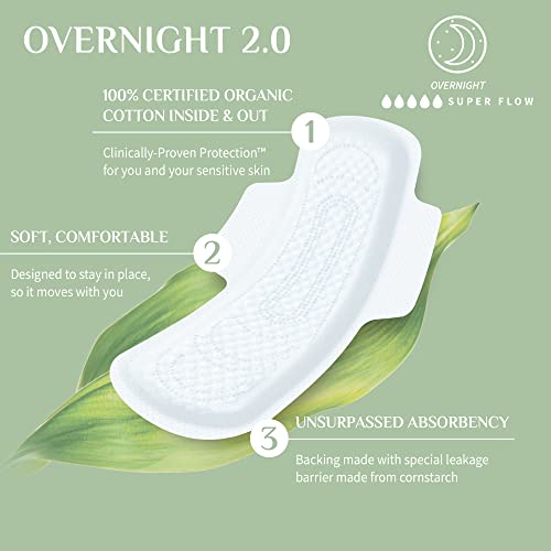 ORGANYC NEW AND IMPROVED 100% CERTIFIED ORGANIC COTTON INSIDE AND OUT OVERNIGHT FEMININE PADS, HEAVIEST FLOW, SUPER ABSORBENCY, 28 COUNT