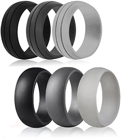 Keelyn Silicone Wedding Ring - Rubber Engagement Ring Comfortable Flexible Durable Skin Safe Non-toxic Antibacterial Premium Medical Grade Silicone Wedding Band, 6 Pack Classic Style Solid &amp; Striped