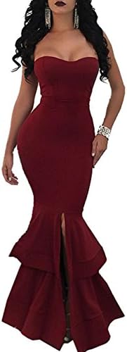 Evesymil Women Strapless Split Mermaid Bodycon Evening Gown Party Maxi Long Dress Wine Red XLarge