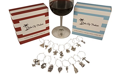 Bundle of Two Wine Charm Sets - 18 Pieces Total, Beach and Wine Themes